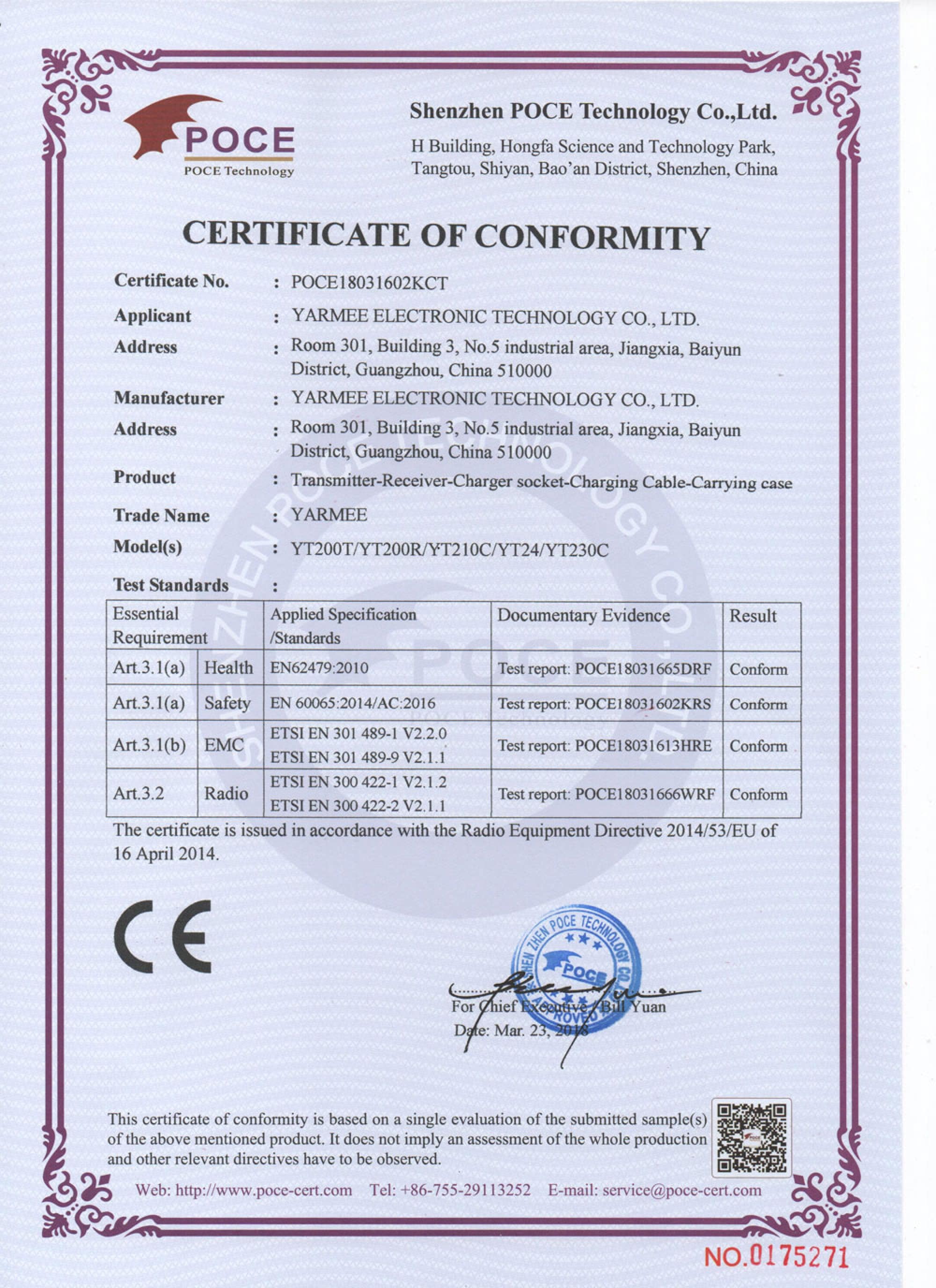 YT200 CE Certificate